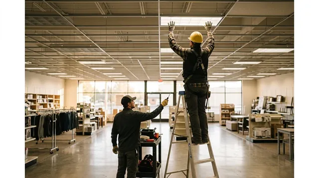 Electrician installing new fixtures during a commercial LED lighting retrofit in a Grand Junction storefront. Electrician installing new fixtures during a commercial LED lighting retrofit in a Grand Junction storefront.